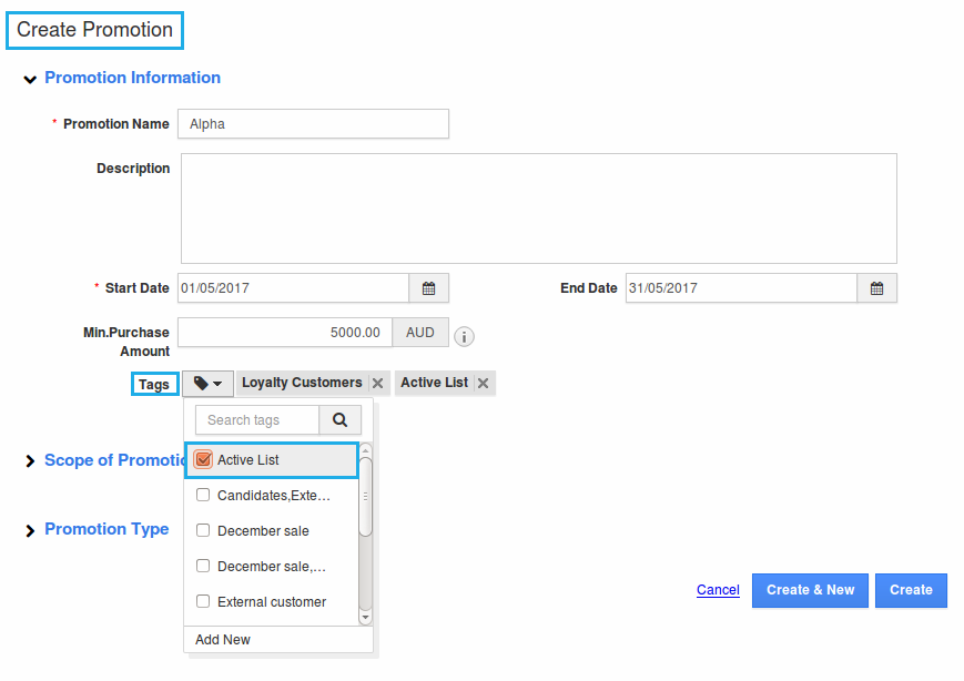 How do I Create Tags in the Promotions App? Apptivo FAQ