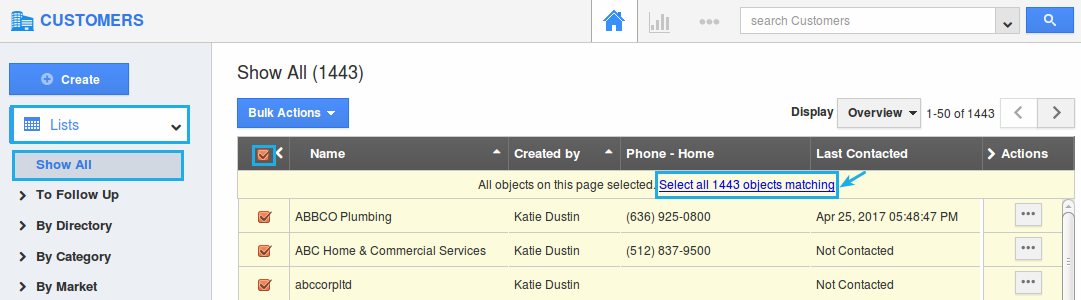bulk select the customers