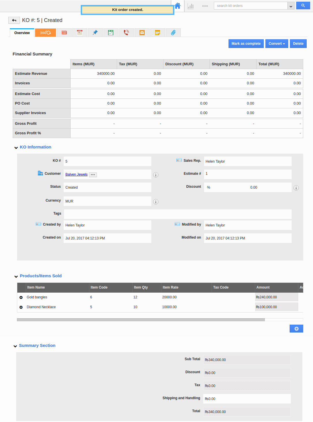 How do I convert an estimate into kit order? Apptivo FAQ