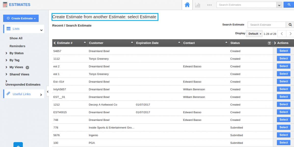 select existing estimate