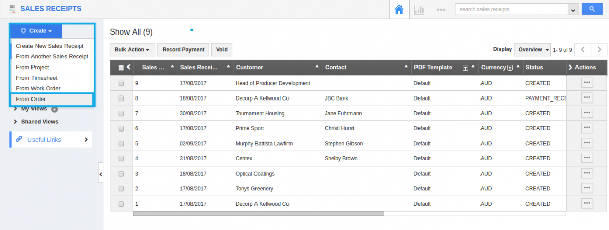 Sales receipts from order