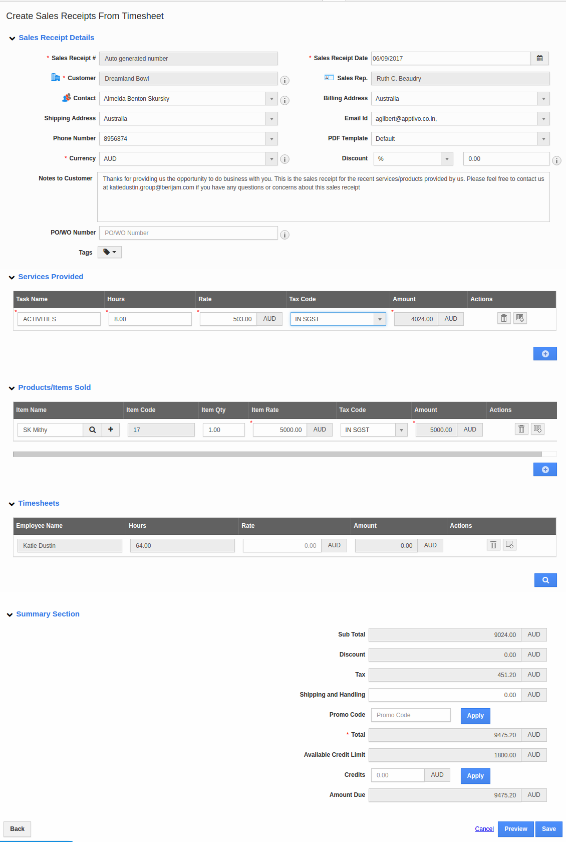 How do I create sales receipts from timesheet?