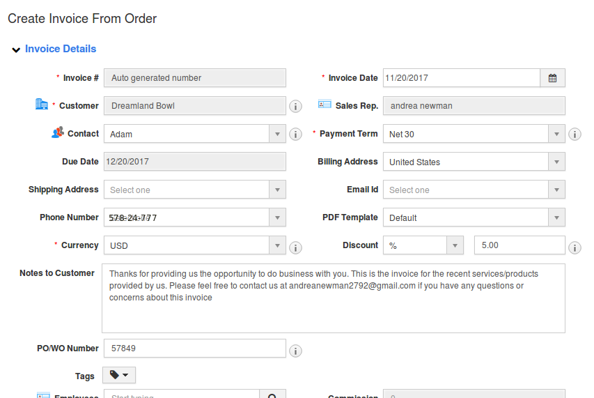 create invoice from order