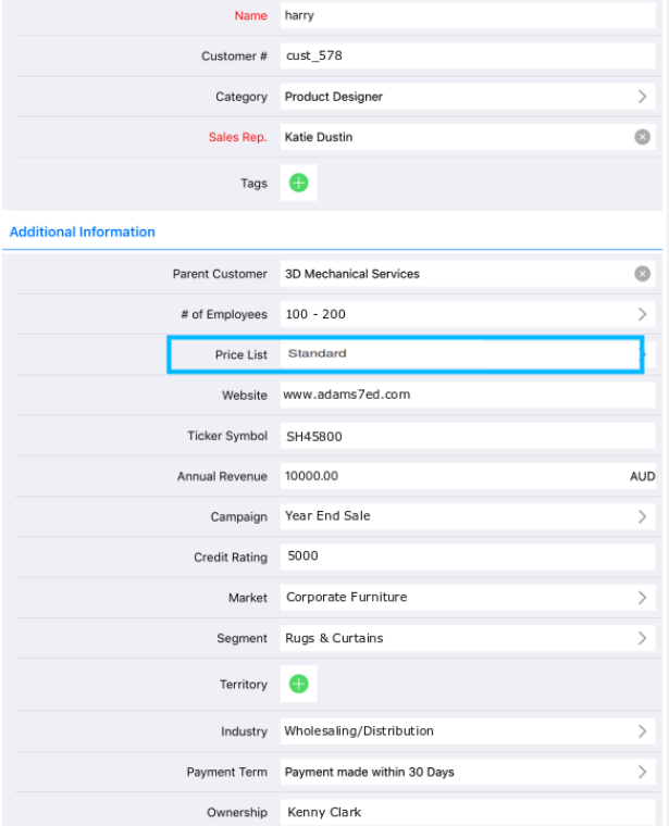 price list in Customers App/iOS