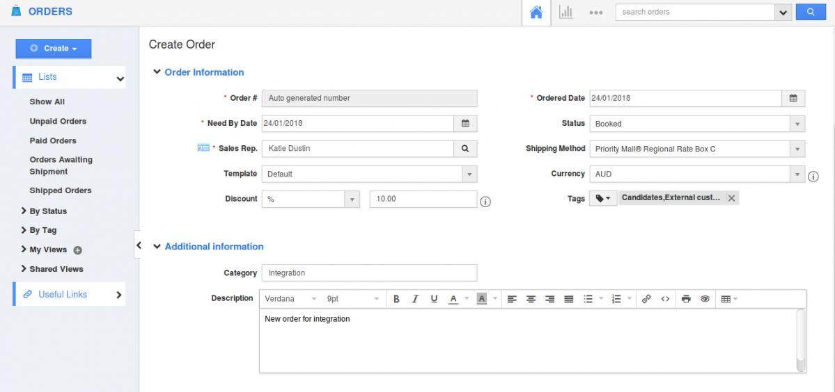 order creation page