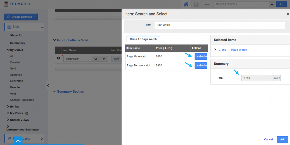 search and select a item 