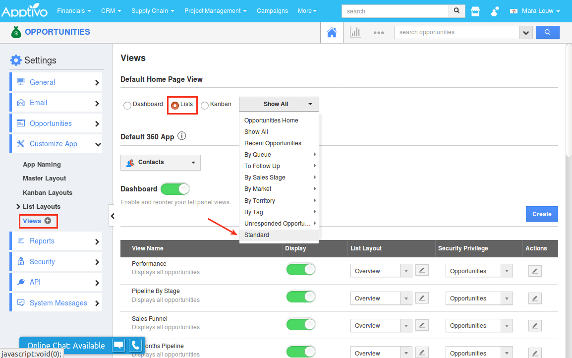 select the created custom view