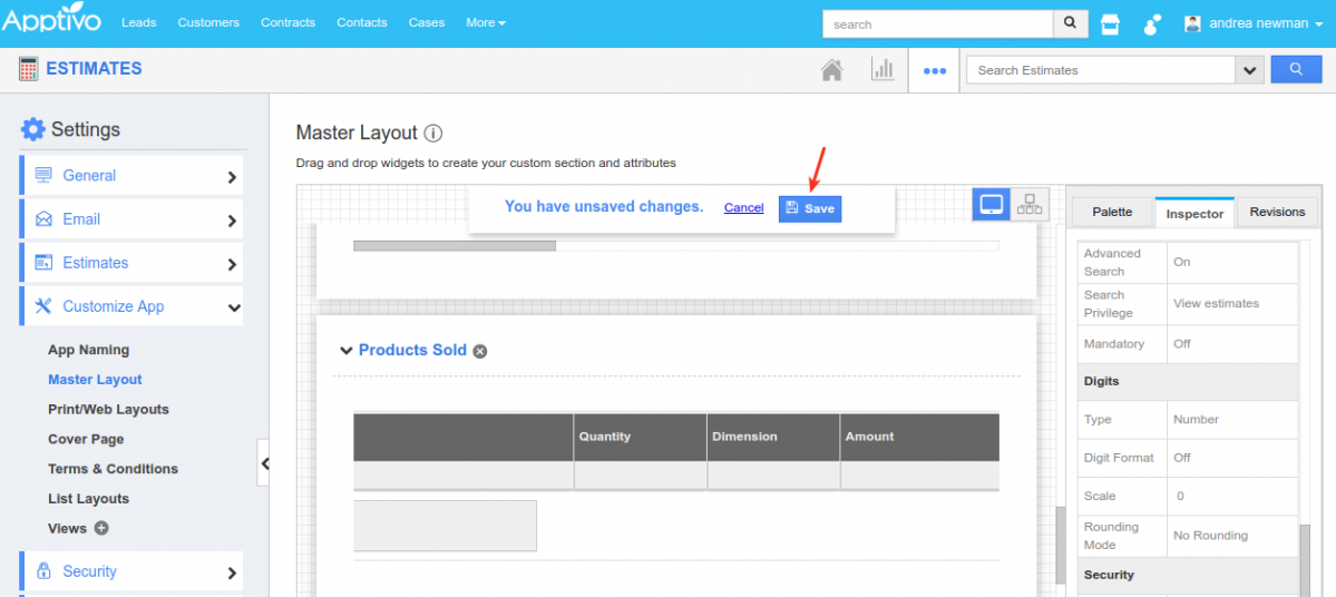 save master layout changes in estimates