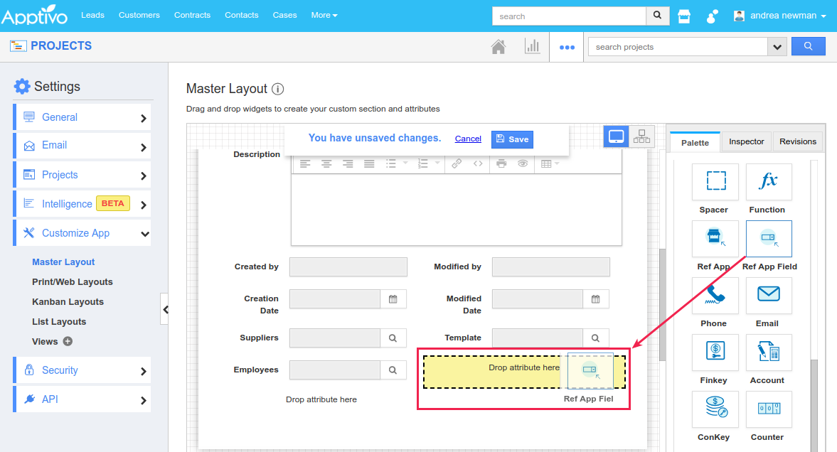 drag and drop ref app field in projects