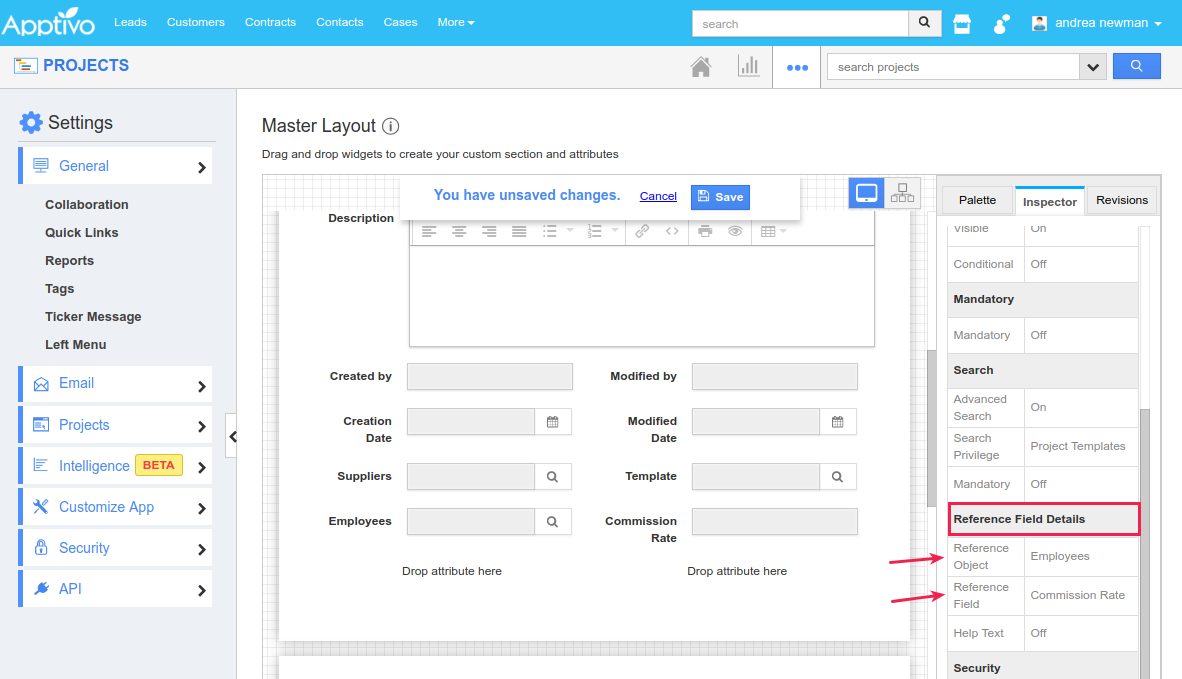 save the reference section details in projects