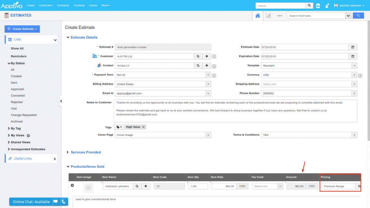 estimates pricing updation