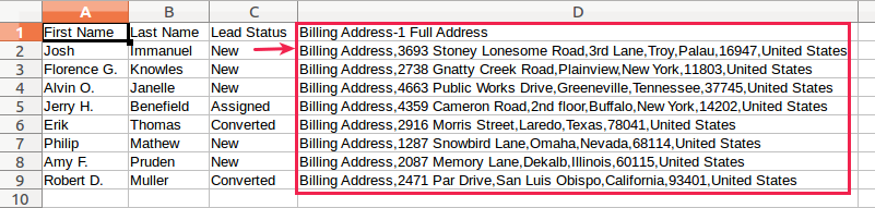 full address exported in csv