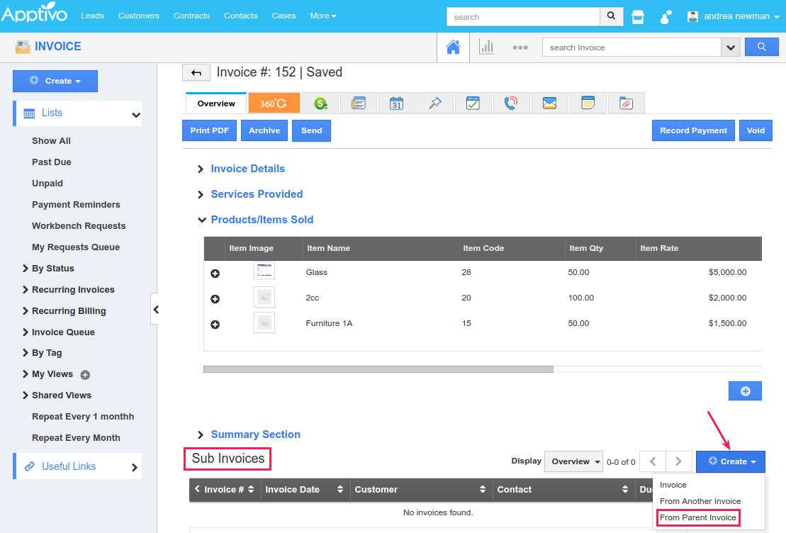 create sub invoice from parent invoice