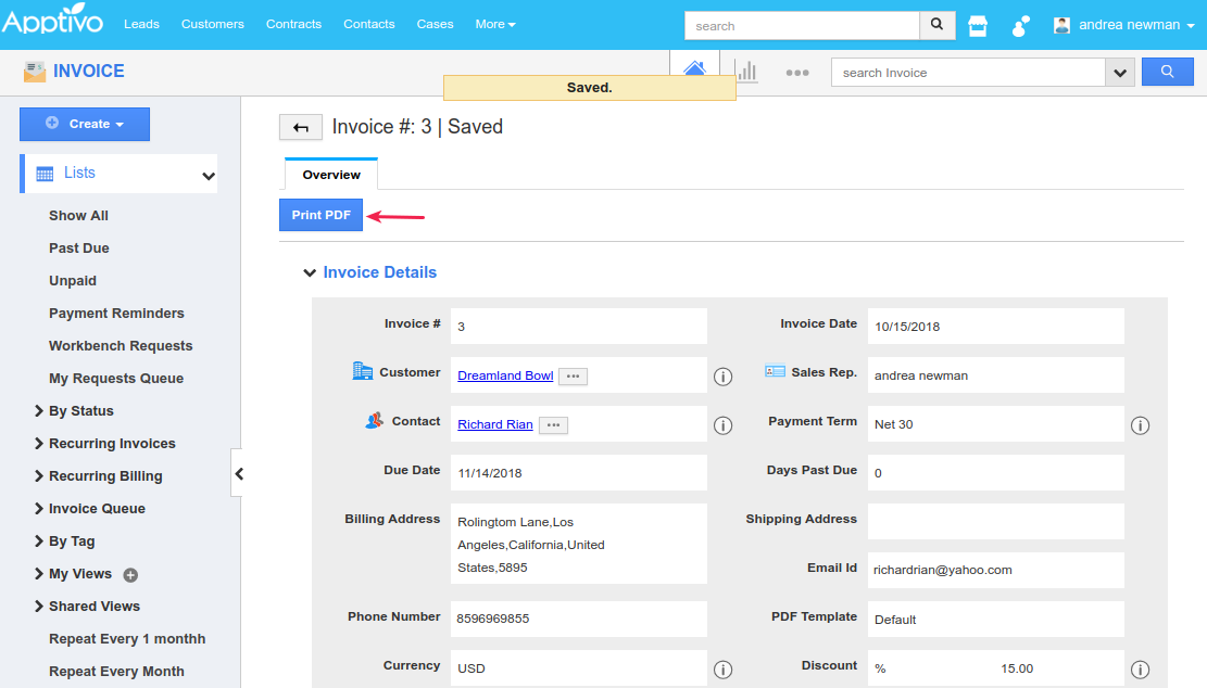 sub invoice generated