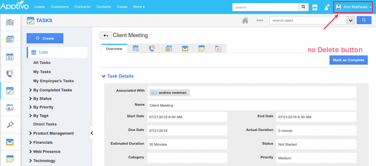 no delete button in tasks
