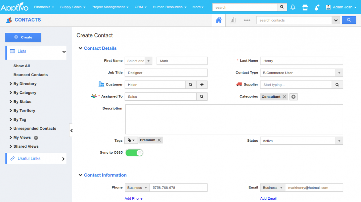 create contact in apptivo