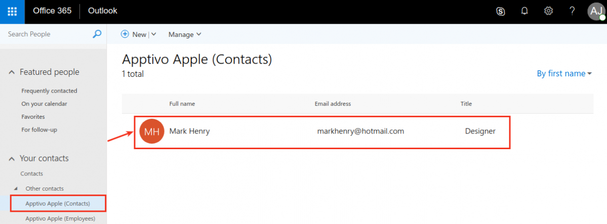 view contact synced to o365