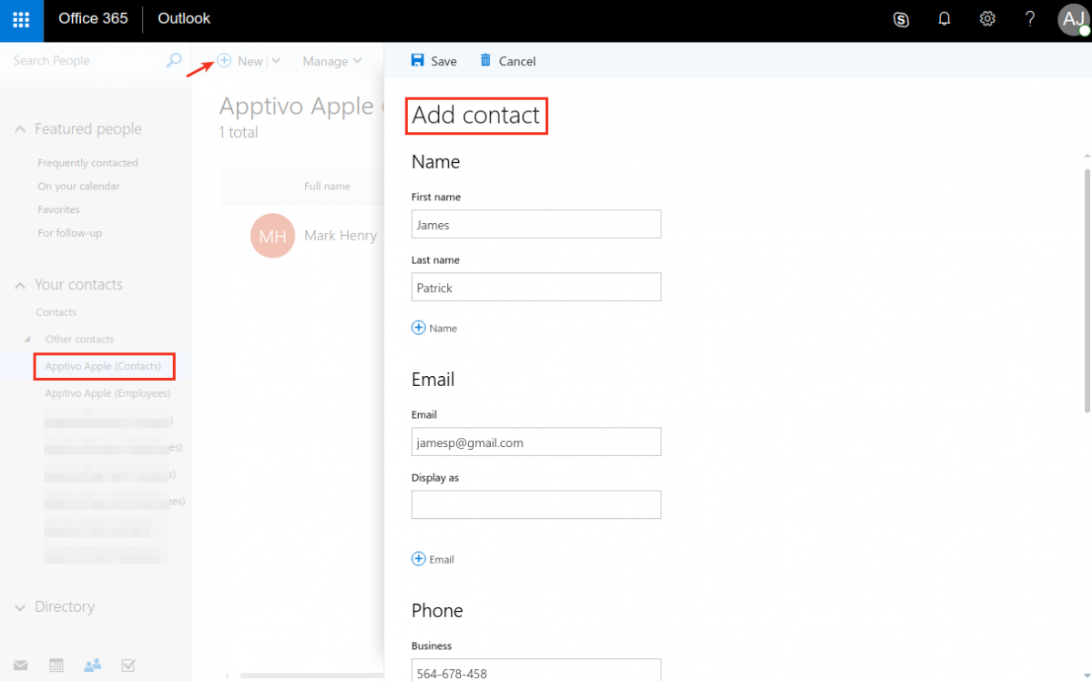 create contact in o365