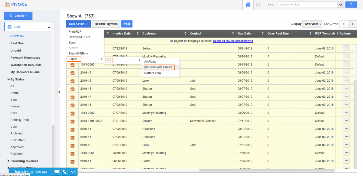 Tables export in Invoices