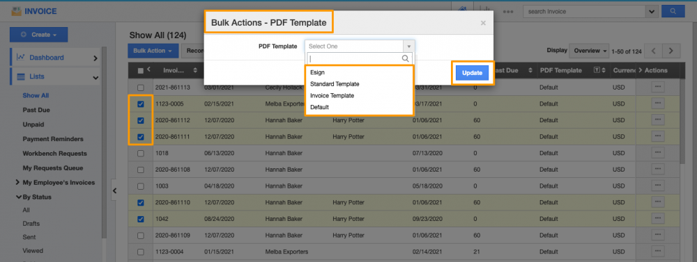 PDF Template Bulk Update in Invoices